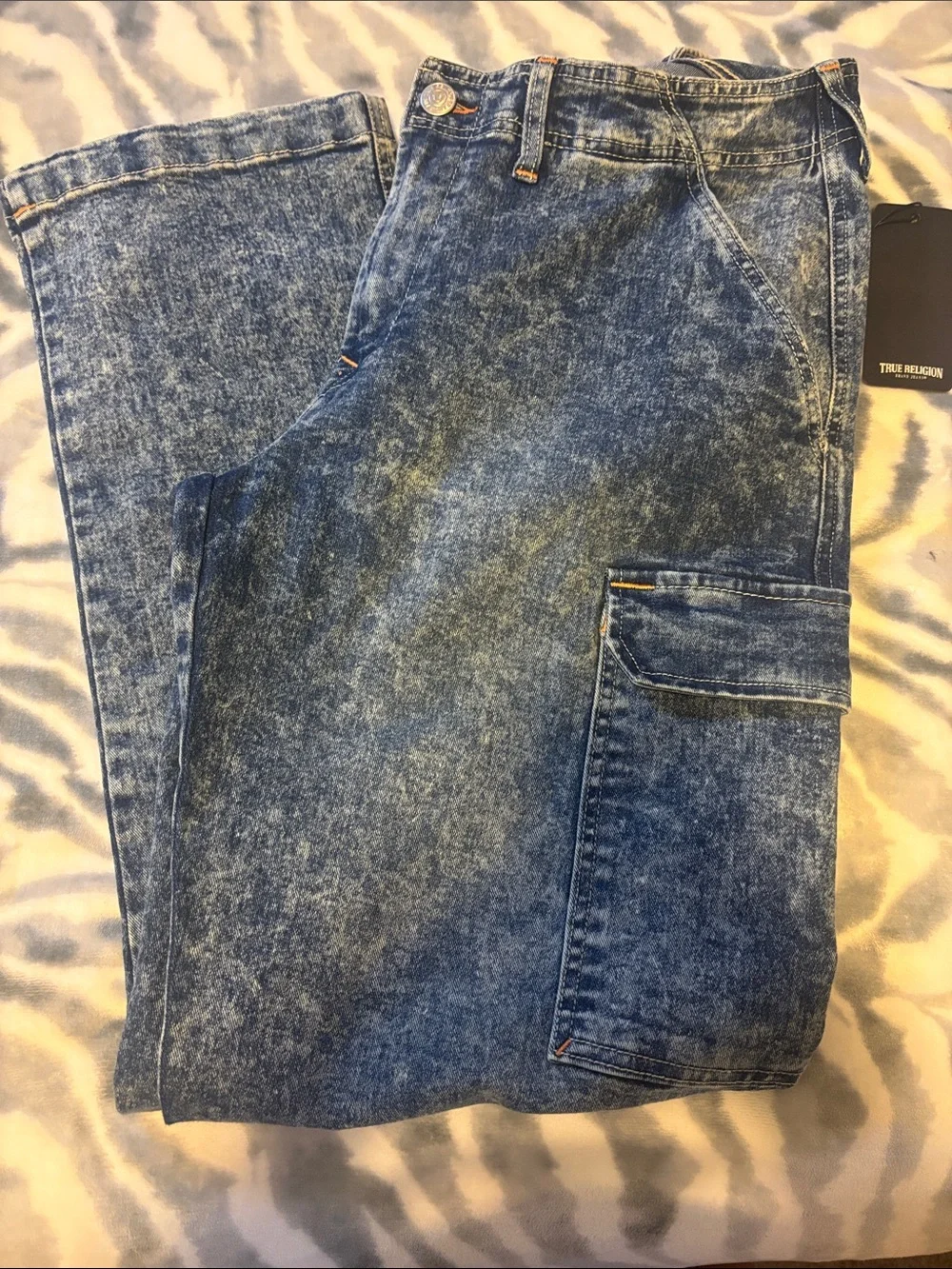 True Religion Men's Acid-Effect Cargo Jeans - Blue